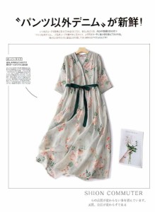 ワンピース レディースワンピ 夏新品 ゆったり花柄 エレガント 麻 大人っぽい エスニック 30代 40代