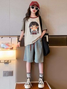 2024夏の新作女の子スーツ部屋着韓国風パッチワーク半袖おさげ女の子漫画ジーンズ