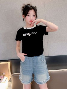 2024夏新作ガールズスーツ夏服小学生カジュアルアルファベット半袖Tシャツデニムパンツスーツ