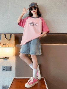 2024夏新作ガールズスーツ夏服小学生カジュアルキャラクターアルファベットTシャツデニムパンツ2点セット