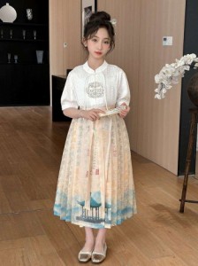 2024夏新作ガールズプルオーバー夏服中国風漢服スーツ刺繍馬面スカート2点セット