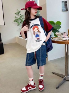 2024夏の新作女の子スーツ夏服小学生韓国風パッチワーク半袖キャラクター女の子ジーンズスーツ