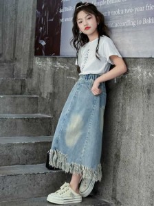 2024夏の新作女の子のスカート夏服小学生韓国風アルファベット半袖デニムフリンジ半身スカートスーツ