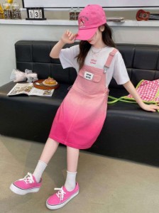 女の子夏季新作乙女スーツ夏服120-170韓国風半袖抱帯スカートグラデーションお出掛け2点セット