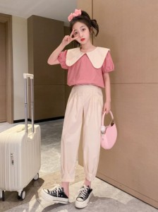 女の子夏の新作乙女スーツ夏服120-170韓国風開襟半袖上着九分大根パンツスーツ2点セット