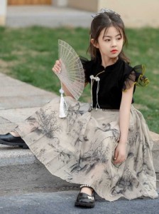 女の子夏の新作ガールズスカート夏服中国風水墨画ロングスカートレトロ古風スーツ