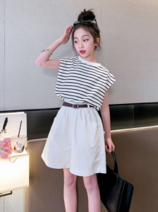 女の子夏の新作ガールズスーツ夏服120-170カジュアルストライプ半袖Tシャツショートパンツお出掛け2点セット