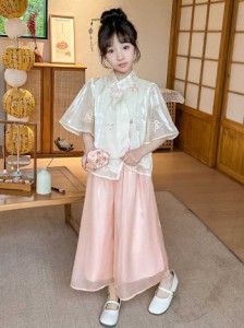 女の子夏の新作女の子スーツ夏服中国風お出掛け子供大人気漢服チャイナドレス網紗キュロット