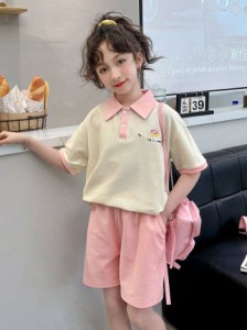 女の子夏の新作ガールズスーツ夏服120-170カジュアルお出掛けポロ半袖ラベリングパンツ2点セット