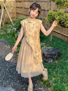 女の子夏の新作女の子のチャイナドレススーツ120-170中国風花ボタン半袖漢服スカートカバー