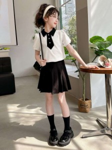 女の子夏の新作女の子スーツ夏服120-170韓国風半袖上着短スカート2点セット