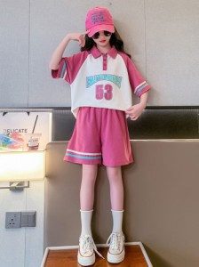 女の子夏の新作ガールズスーツ夏服120-170スポーツポロシャツ半袖ショートパンツパッチワーク2点セットカジュアル