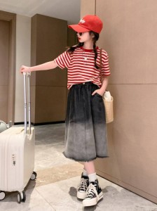 子供服 女の子 夏服 2点セット ゆったり 縞柄 トップス スカート カジュアル 可？い お出掛け 日常着 2色あり 大人気 格好い