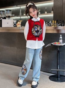 女の子 2024春新作 新品 ゆったり 3点セット シンプル ベスト シャツ デニムパンツ お洒落 新入荷 お出掛け 子供服 カジュアル 長袖