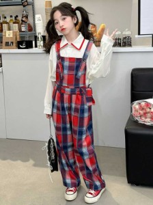 女の子セット 子供服 オーバーオール シャツ 上下セットチェック柄 レッド 新品 ストリート 2024春新作部屋着 お出掛け カジュアル 韓国