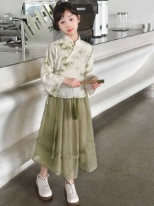 女の子服 2024春新作 新品 竹柄 緑色 ローズスカート 中国風 2点セット 写真を撮る 新入荷 お出掛け 子供服 カジュアル 長袖