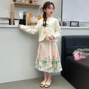 女の子服 2024春新作 新品 花柄 ピンク 緑色 ローズスカート 中国風 2点セット 写真を撮る 新入荷 お出掛け 子供服 カジュアル 長袖