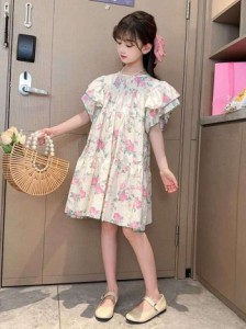 2024夏の新作女の子ワンピース夏服小学生韓国版花柄姫レース半袖くびれワンピース おしゃれ お出掛け カジュアル 韓国風 子供用