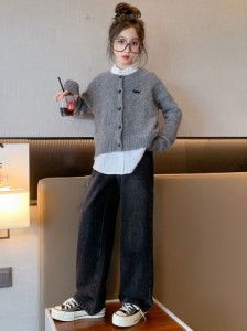 女の子セット 子供服 ニット+デニムパンツ 上下セット 新品 ストリート 2024春新作部屋着 お出掛け カジュアル 韓国風 子供用