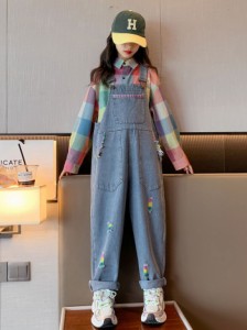 女の子セット 子供服 オーバーオール 虹色 上下セットデニムパンツ 新品 ストリート 2024春新作部屋着 お出掛け カジュアル 韓国風 子供