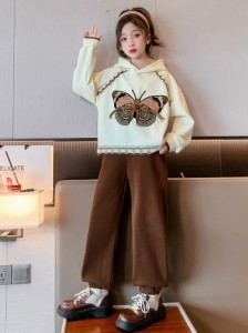 女の子セット 子供服 長袖 蝶柄  上下セット 茶色 新品 ストリート 2024春新作部屋着 お出掛け カジュアル 韓国風 子供用