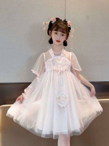 2024夏の新作女の子ワンピース中国風可？らしさ日常着日常着刺繍メッシュ古着プリンセスワンピースお出掛け カジュアル 韓国風 子供用