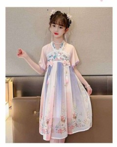 2024夏の新作女の子ワンピース夏服小学生中国風日常着キャラクター刺繍うさぎ姫スカート お出掛け カジュアル 韓国風 子供用