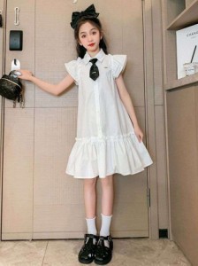 2024夏の新作ガールズワンピ夏服小学生学院風かわいい振り袖半袖ネクタイワンピ ワンピース お出掛け カジュアル 韓国風 子供用