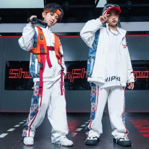 ダンストップス HIPHOP jazz 演出服 長袖 キッズ ダンス衣装 3点セット オレンジ ヒップホップ 子供 長袖 ジャズダンス ステージ衣装ガー