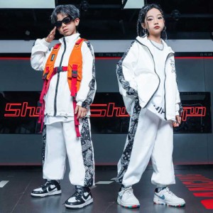 ダンストップス HIPHOP jazz 演出服 長袖 キッズ ダンス衣装 3点セット オレンジ ヒップホップ 子供 長袖 ジャズダンス ステージ衣装ガー