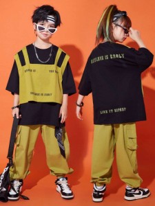 ダンストップス HIPHOP 新入荷 演出服 キッズ ダンス衣装 2点セット オレンジ ヒップホップ 子供 ジャズダンス ステージ衣装ガールズ