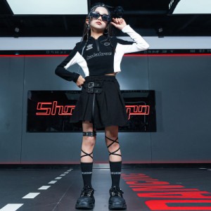 ダンストップス HIPHOP 新入荷 演出服 長袖 キッズ ダンス衣装 2点セット スカート ヒップホップ 子供 長袖 ジャズダンス ステージ衣装ガ