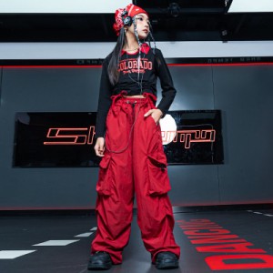 ダンストップス HIPHOP レッド 演出服 キッズ ダンス衣装 2点セット 格好い ヒップホップ 子供 長袖 ジャズダンス ステージ衣装ガールズ