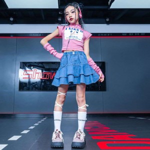 ダンストップス HIPHOP スカート 演出服 キッズ ダンス衣装 2点セット 格好い ヒップホップ 子供 長袖 ジャズダンス ステージ衣装ガール