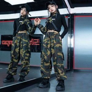 ダンストップス HIPHOP 迷彩 春新品 演出服 キッズ ダンス衣装 セット 格好い ヒップホップ 子供 長袖 ジャズダンス ステージ衣装ガール