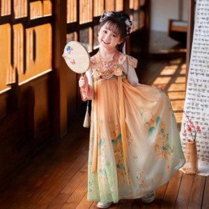 子供服漢服 ワンピース キッズ 女の子 カジュアル お姫様 中国風 ドレス dress 誕生日 七五三 オレンジ 花柄 長袖 おしゃれ 可愛い 普段