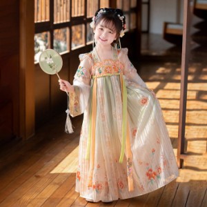 子供服漢服 ワンピース キッズ 女の子 カジュアル お姫様 中国風 ドレス dress 刺?柄 誕生日 七五三 グラデーション 花柄 長袖 おしゃれ 