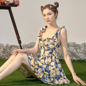 レディース水着 水着ワンピース 夏新作品 小胸もok 花柄 パッド付き 海水浴 韓国風 可愛い 編み上げ ブルー