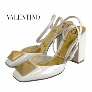 未使用 ヴァレンティノ VALENTINO パンプス ワンスタッズ チャンキーヒール ストラップ パテント オフホワイト