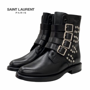 サンローラン SAINT LAURENT ブーツ ショートブーツ 靴 シューズ レザー ブラック 黒 シルバー スタッズ ベルト レースアップ