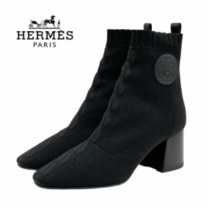 未使用 エルメス HERMES ヴォルヴェール ブーツ ショートブーツ ソックスブーツ エクスリブリス ニット レザー ブラック 黒