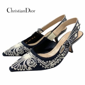 クリスチャンディオール CHRISTIAN DIOR JADIOR パンプス 靴 シューズ ファブリック レザー ネイビー サンダル スリングバック 刺繍