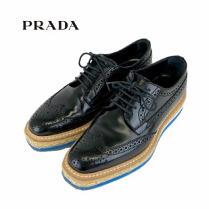 プラダ PRADA フラットシューズ スリッポン 靴 シューズ レザー ブラック ブルー レースアップシューズ エスパドリーユ