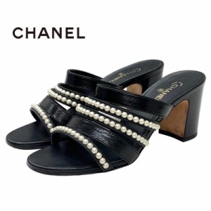 シャネル CHANEL サンダル 靴 シューズ レザー ブラック ミュール ココマーク パール