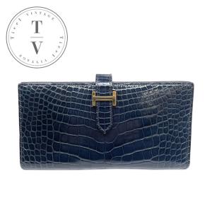 エルメスマットクロコクロコダイルネイビーベアン長財布