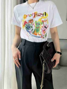 Tシャツ 落書き プリント トップス 半袖 ラウンドネック ストレート 個性的 送料無料 フリーサイズ 伸縮性 カジュアル おしゃれ こなれ感