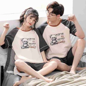 パジャマ Tシャツ ショートパンツ 半袖 Uネック ストレート ポケット くま 上下セット かわいい カジュアル おしゃれ 無地 柄 ラウンドネ