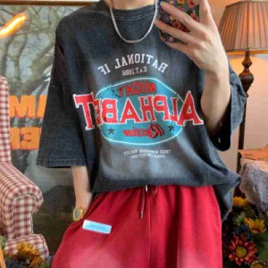 トップス Tシャツ 半袖 Uネック ストレート ワイド アメリカン グラフィック かわいい シンプル おしゃれ メンズライク スポーティー プ