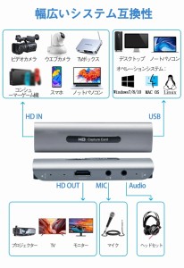 4K HDMI キャプチャーボード USB3.0 ビデオキャプチャカード 1080P/60fps HDMIループアウト 音声が追加可能 ゲーム実況生配信 画面共有 