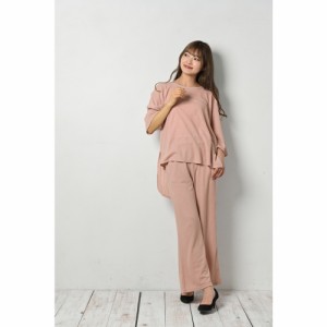 【ピンク】【L-LL】 パンツ セットアップ 通販 ワイドパンツ トップス レディース 部屋着 普段着 ゆったり リラックス カジュアル 2点セ